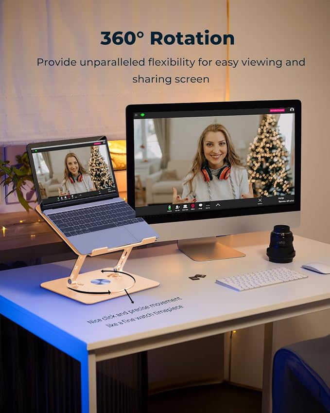Aoviho 360° Rotating Laptop Stand for Desk | Adjustable, Foldable, Portable Aluminum Ergonomic Riser | Compatible with MacBook, Dell, HP & All Laptops 10-16 inch | Gold - Image 2