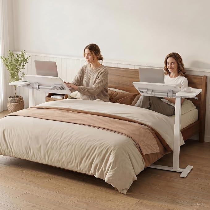 GTPLAYER Pneumatic Adjustable Standing Desk, 28 Inch Tiltable Mobile Rolling Laptop Table with Wheels, Overbed Bedside Table Computer Workstation for Home Office, White - Image 5