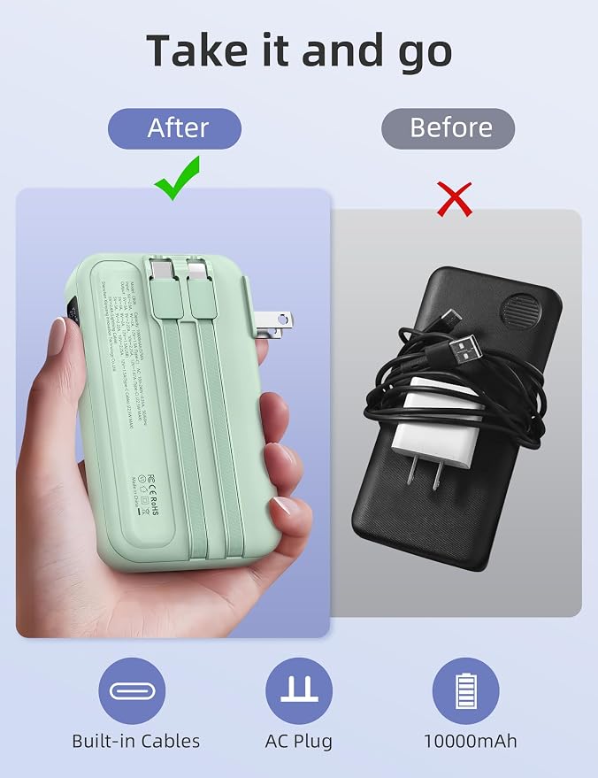 RORRY Portable Charger w/Wall Plug 10000mAh Power Bank 22.5W Battery Pack | Built in Cables, Fast Charging, for iPhone, iPad, Samsung Galaxy, Pixel, LG, Travel Essential, Digital Display, Pocket Size - Image 2