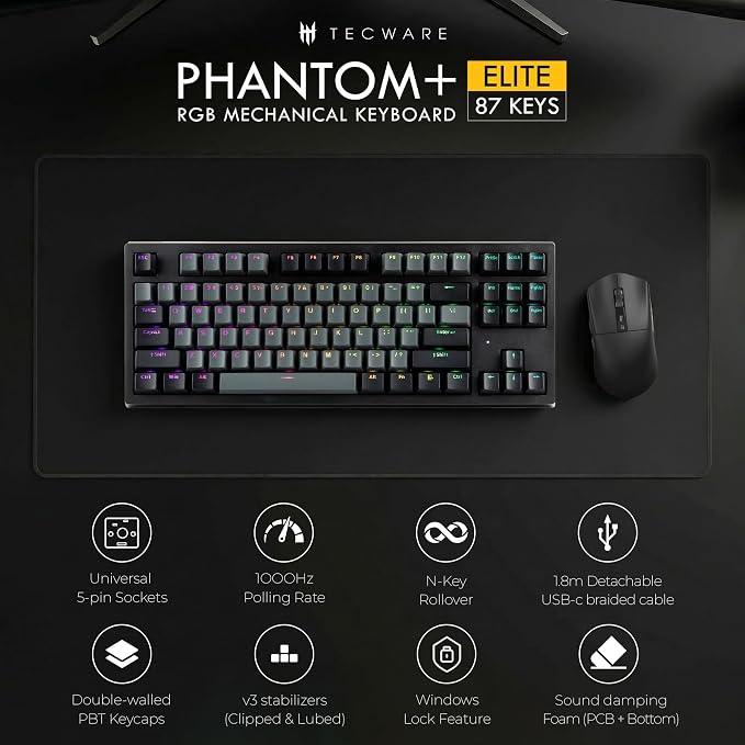 TECWARE Phantom+ Elite 87 Key RGB Mechanical Gaming Keyboard | 3 Mode Wireless Bluetooth 5.0 2.4GHz & USB C Wired | Hot Swappable 5 Pin | Double Shot PBT Keycaps | Wraith Pink Switch - Black - Image 2