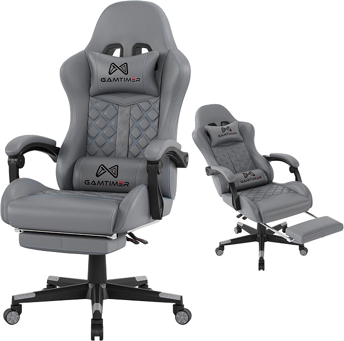 Gamtimer Gaming Chair, 400 LB Weight Capacity,with Pocket Spring Cushion | Ergonomic Backrest Office Chair,Leather, with Headrest and Lumbar Support, Footrest, Suitable for Adults(Grey) by GAMTIMERBrandHome