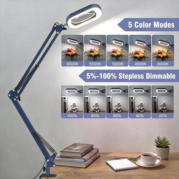 16" Extra Long Magnifying Glass with Light and Clamp, Real Glass, 5 Color Modes, Stepless Dimmable, Lighted Magnifier with Stand Hands Free, LED Swing Arm Desk Lamp for Close Work, Craft, Blue - Image 6