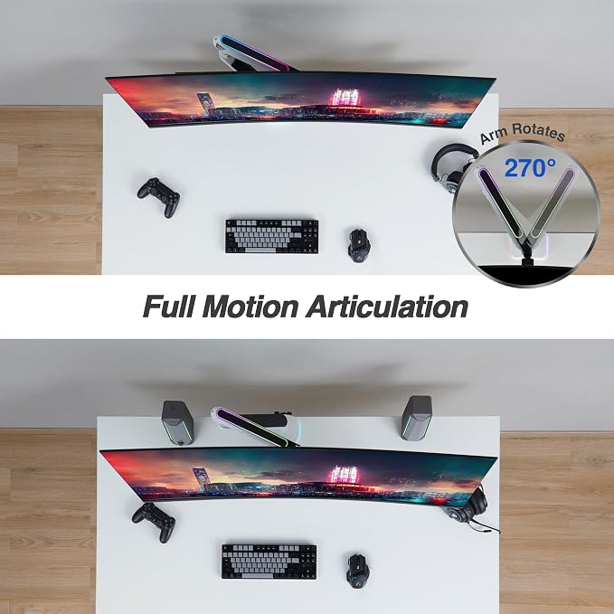 AVLT Single 27”-45” RGB Gaming Monitor Arm Desk Mount - White | 20 Lighting Modes Touch Button Control Fits Flat/Curved/Ultrawide Screens Height Swivel Tilt Rotation Adjustable Stand - Image 6