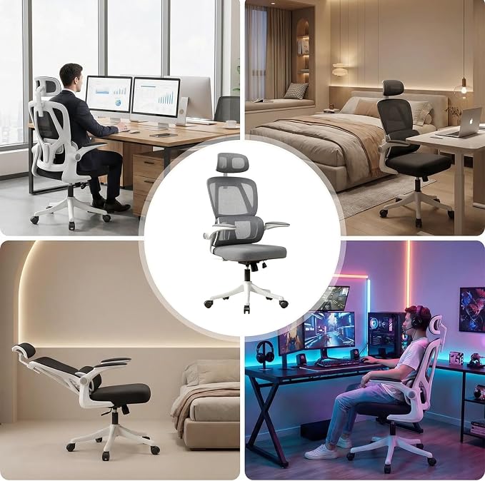 Ergonomic Office Chair with Dynamic Lumbar Support & Adjustable Headrest – High Back Desk Chair with 90° Flip-up Arms, Comfort Mesh Computer Chair for Home Office Long Hours Sitting，Gery - Image 7
