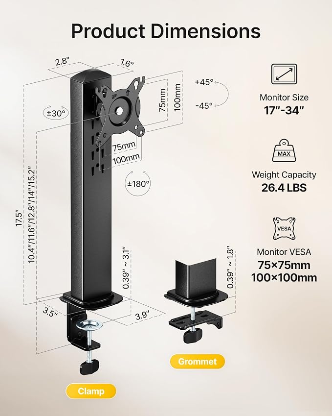 monTEK Powered Single Monitor Stand for 17-32", Clamp/Grommet | Heavy-duty monitor desk mount, integrated power outlet, adjustable arm and clamp/grommet mounting options - Image 9