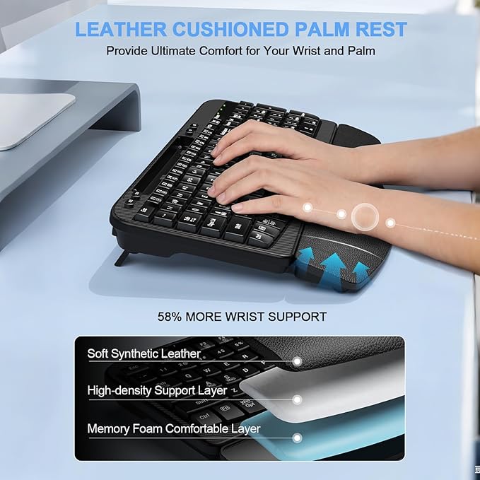 EAYBLLY 2.4G Wireless Ergonomic Keyboard, Full Size Wave Keys with Memory Foam Wrist Rest & 7.28in Phone Holder, USB-C Adapter Included for Windows Mac Chrome OS, Office or Home (Black) - Image 2