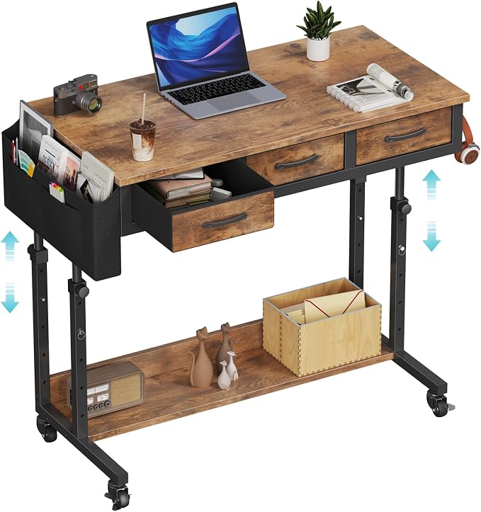WINAZ Rolling Standing Desk Adjustable Height with Drawers on Wheels, 40 Inch Portable Mobile Stand Up Computer Desks for Bedroom Home Office, Couch Sofa Side Laptop Table with Storage, Rustic Brown by Unknown