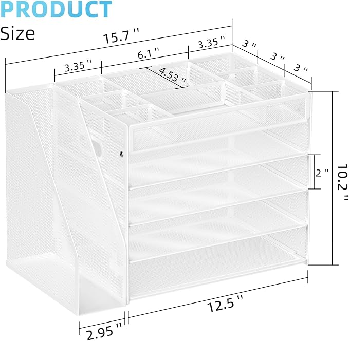 Marbrasse 5-Tier Desk Organizer with File Holder,Paper Letter Tray Organizer,Desktop File Organizer with Adjustable Compartments,Mesh Desk Organizers and Accessories for Office Supplies,White - Image 2
