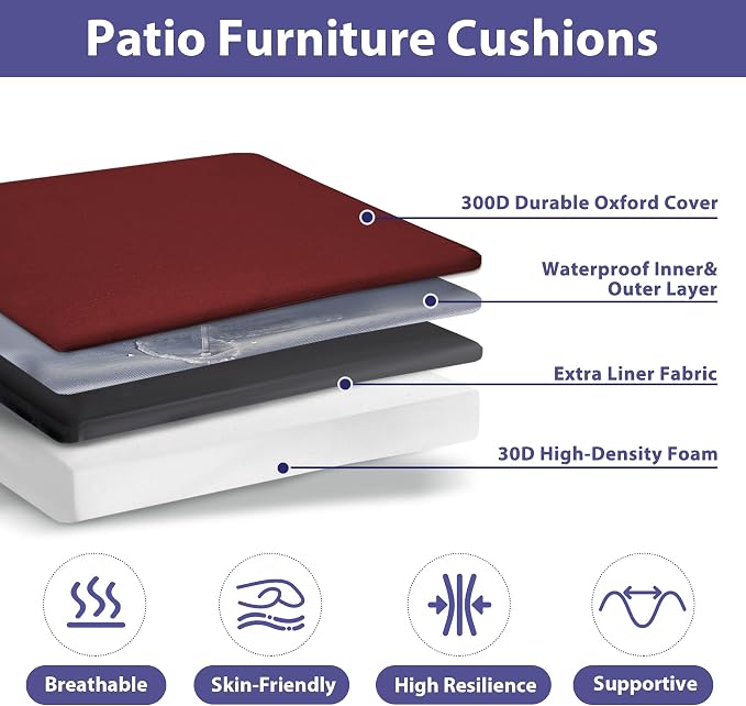 IPYNBAP Outdoor Chair Cushions Set of 4 -Waterproof Outdoor Seat Cushions for Patio Furniture, Patio Chair Cushion with Handle and Ties, Out Door Chair Pads,18.5x16x3-Square, Burgundy - Image 2