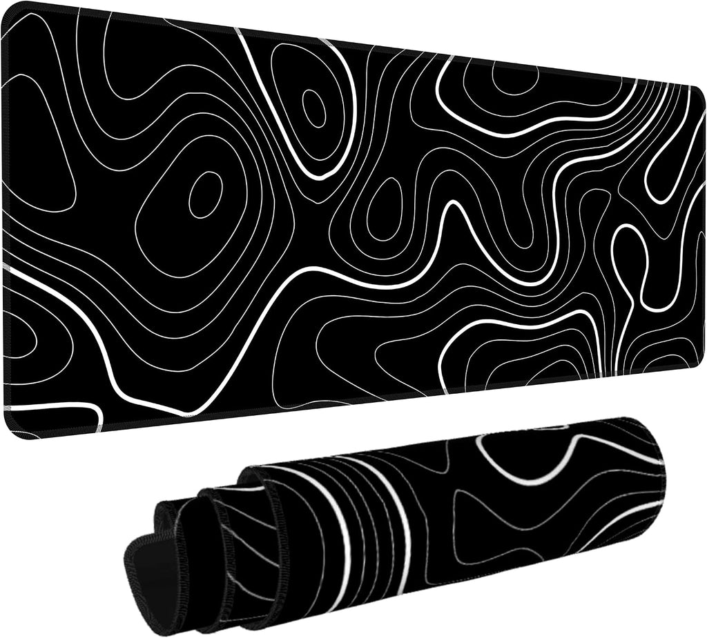 Black Topographic Map Mouse Pad,XL 31.5"x11.8" Big Gaming Mousepad,Minimalist Lines Large Extended Mouse Mat,Non-Slip Rubber Base Waterproof with Stitched Edges for Gaming Office Home by HUNJIEEM