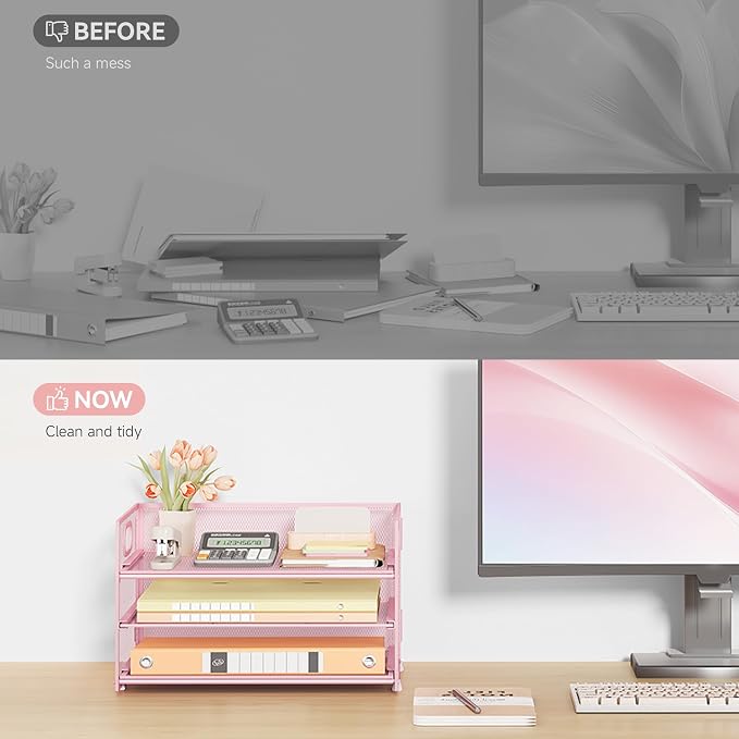 Subekyu 3 Tier Paper Letter Tray Organizer for Desk, Pink Metal Mesh File Folder Sorter Organizer with Handle and 1 PC Sliding Tray for Home Office School Desk Supplies Organization Storage - Image 3