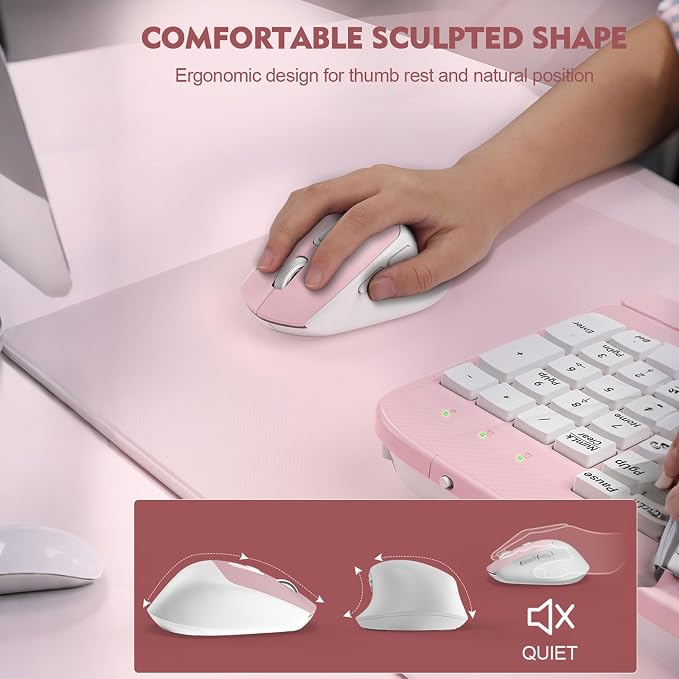 Wireless Keyboard and Mouse Combo, Full-Sized Ergonomic Wave Keys Keyboard with Memory Foam Wrist Rest & Phone Holder, 2.4G Quiet Keyboard Mouse Work Setup for PC Laptop, Office or Home (Pink) - Image 8