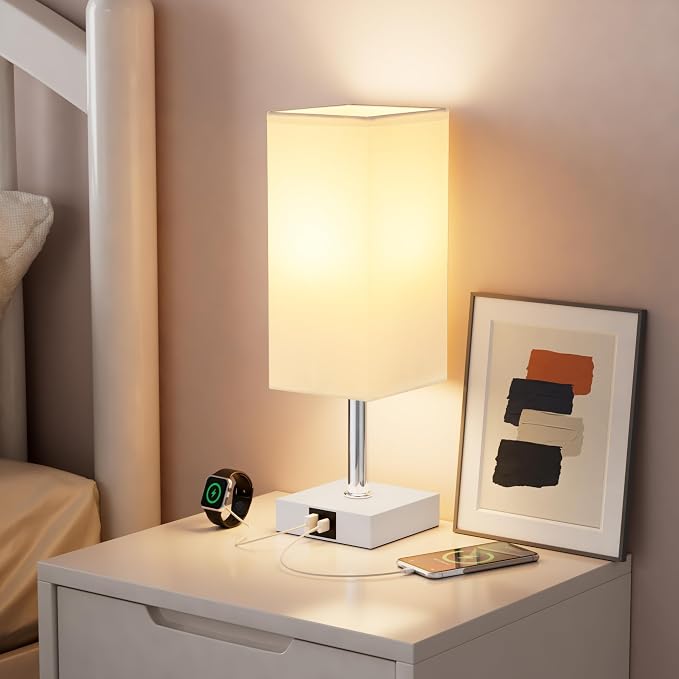 Touch Table Lamp for Bedroom - Dimmable, USB C+A, White Lamphade White Base | 3-Way Dimmable, 3000K LED Bulb Included, Square Lampshade, Cute Room Decor for Teen Girls, Kids, Small Lamp for Dorm, Nursery - Image 5