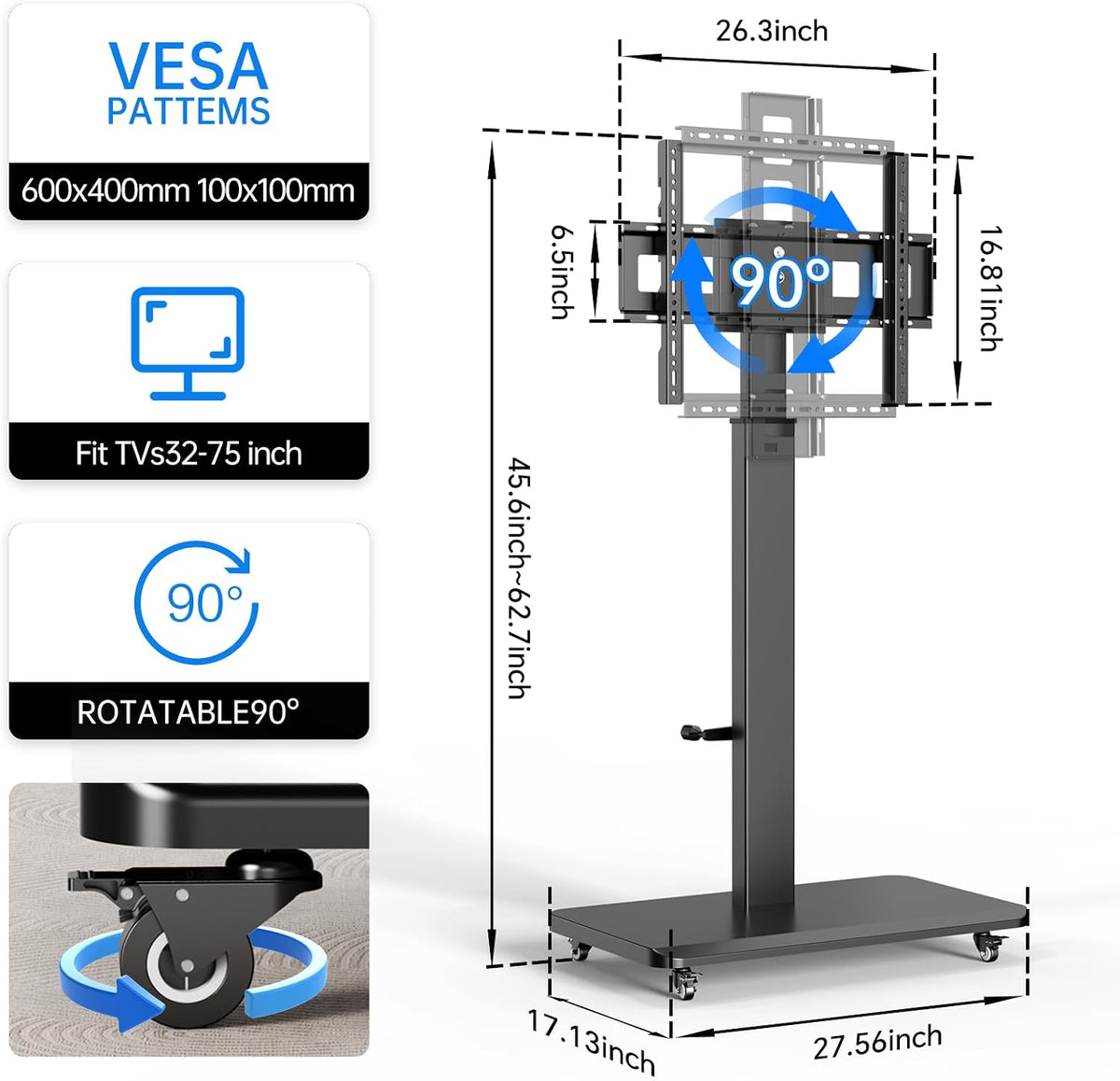 Mobile TV Stand for 32-75inch TVs with Power Outlet TV Cart with Wheels - Image 3