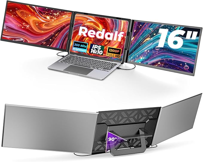 16" Laptop Screen Extender, 1200P FHD Ultra-Slim Triple Portable Monitor | Plug & Play with HDMI/Type-C, for Laptop 13"-17.3", Travel Dual Monitor Compatible with Win/Mac/Android (No Driver Required) by Redalf