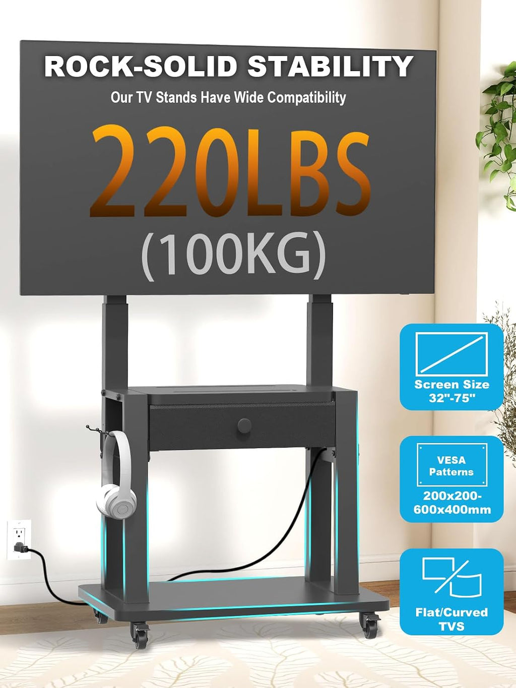 Rolling TV Stand with Power Outlet and Fabric Drawer for 32-75 Inch Flat/Curved Screen up to 220lbs LCD/LED/OLED Adjustable Height Mobile TV Cart with Wheels for Home Office Max VESA 600x400mm Black - Image 6