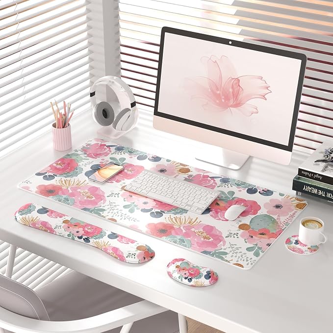 QIYI PU Leather Desk Mat Set, 4-in-1 Ergonomic Wrist Rest, Pink Flowers | Waterproof Large Mouse Pad 31.5×15.7 + Keyboard Wrist Rest + Mouse Wrist Support+Coaster, Non-Slip Office Gaming Accessories - Image 2