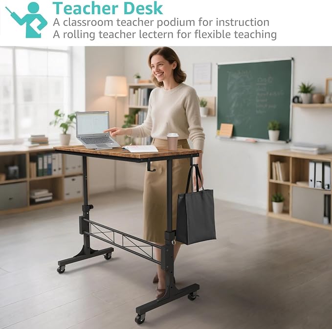 Small Portable Rolling Standing Desk - 32 Inch Adjustable Height Mobile Stand Up Desks with Wheels for Treadmill Walking Pad, Teacher Podium for Classroom, Couch Sofa Side Laptop Table, Rustic Brown - Image 4