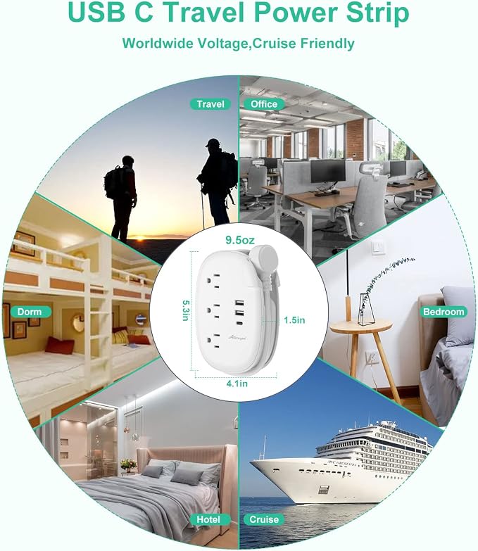 Alitayee USB C Travel Power Strip,3 Outlets 3 USB Ports,4ft Extension Cord | 3 USB Ports,Portable Power Strip,4ft Wrapped Around Extension Cord,Flat Plug,No Surge Protector,For Cruise Travel Home Office - Image 6