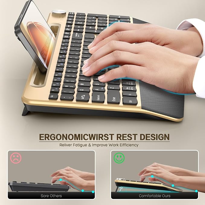 JOYACCESS Ergonomic Wireless Keyboard with Wrist Rest, Phone/Tablet Holder,Windows & Mac OS, 2.4 GHz Wireless, Full-Size,Quiet Keyboard Compatible for Laptop,PC, Mac, Windows -Black Glod - Image 2