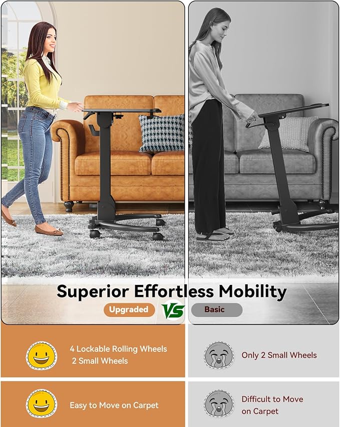 JOY worker Foldable Laptop Desk on Wheels, Adjustable Mobile Standing Desk | Max Height 47.6", 90° Tiltable Top & Base, Portable Height Adjustable Workstation with Lockable Casters, Holds 22lbs, Black - Image 3