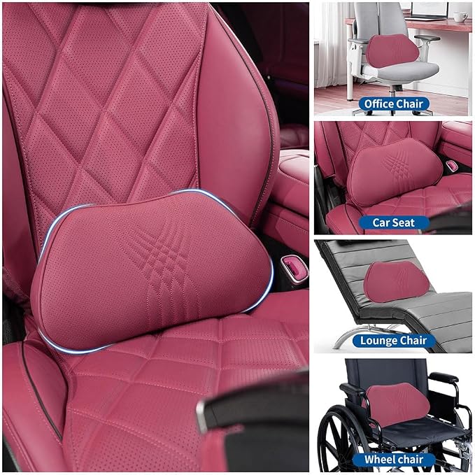 Lumbar Support Pillow for Driving Seat, Office Chair, Red, 1PC | Leather Lumbar Pillow Memory Foam Lower Back Cushion for Back Pain Relief Improve Posture, Ergonomic Back Rest Gaming Chair - Image 2