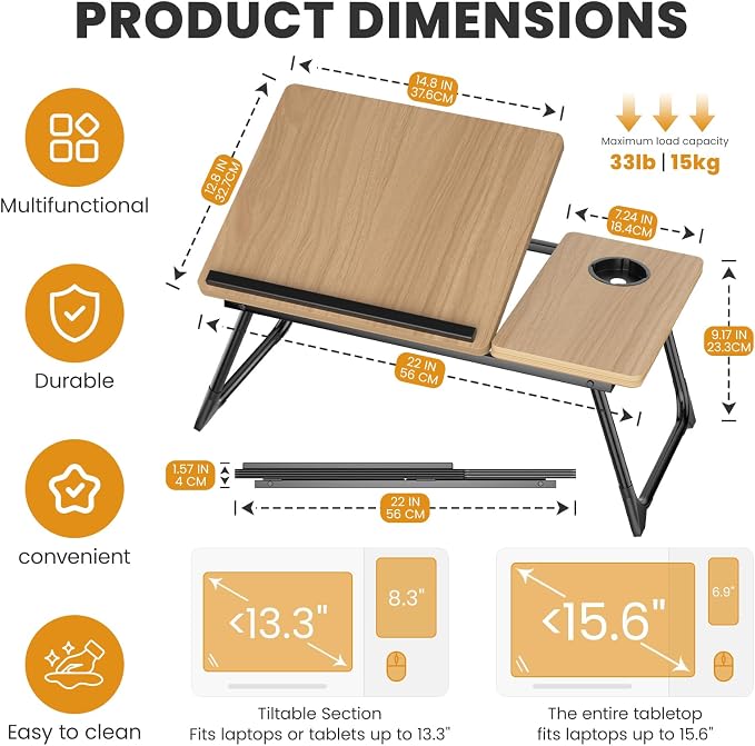 Laptop Bed Desk, 5-Angle Adjustable Bed Laptop Table with Cup Holder | Foldable Laptop Stand for Couch & Sofa, Portable Laptop Tray for Adults Writing Reading Eating, Walnut - Image 2