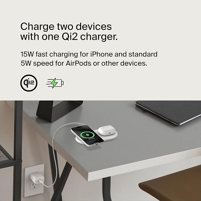 Belkin Qi2 15W 2 in 1 Wireless Charging Pad with USB-C Port | MagSafe compatible, iPhone 16/15 Series, Samsung Galaxy S25 Series, AirPods, extra USB-C port, Magnetic - Image 2