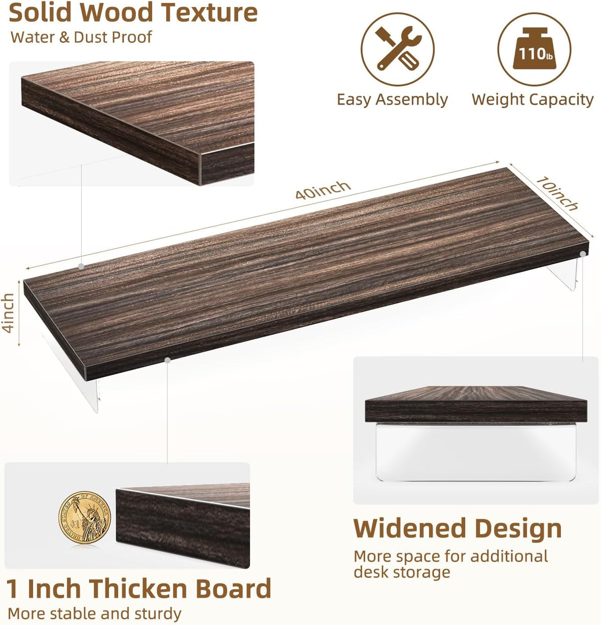 Dual Monitor Stand Riser, 40x10 in Wood & Acrylic Desktop Organizer Shelf - Image 3