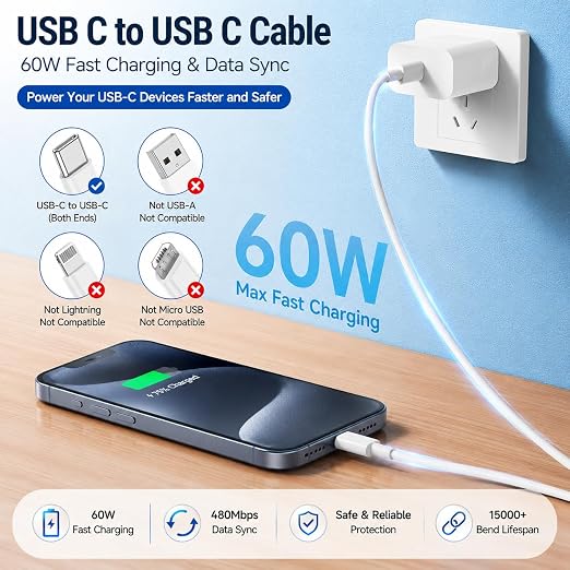 60W USB C to C Cable 3Pack 6FT PD 3.0 Fast Charging Cord for iPhone17 S26 | Reliable 60W PD 3.0 USB-C cables support fast charging and data sync for iPhone 17, Galaxy S26,MacBook Air/Pro and iPad Pro - Image 2