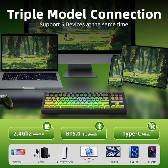 ZORNHER ZH870 Wireless Mechanical Gaming Keyboard,80% Green Custom Creamy Sound Keyboard with Shine Through PBT Keycaps,Pre-lubed Linear Switches,Hot-Swappable,RGB Backlit,2.4GHz/USB-C/BT5.0 - Image 3
