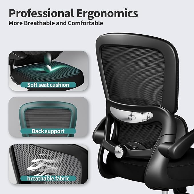 TRALT Ergonomic Office Chair Desk Chair with Adjustable Lumbar Support | Desk Chair Comfy with Flip-up Armrests Ergonomic Chair - Mesh Computer Chairs for Adults, 330lbs, Mesh (Black, 1) - Image 4