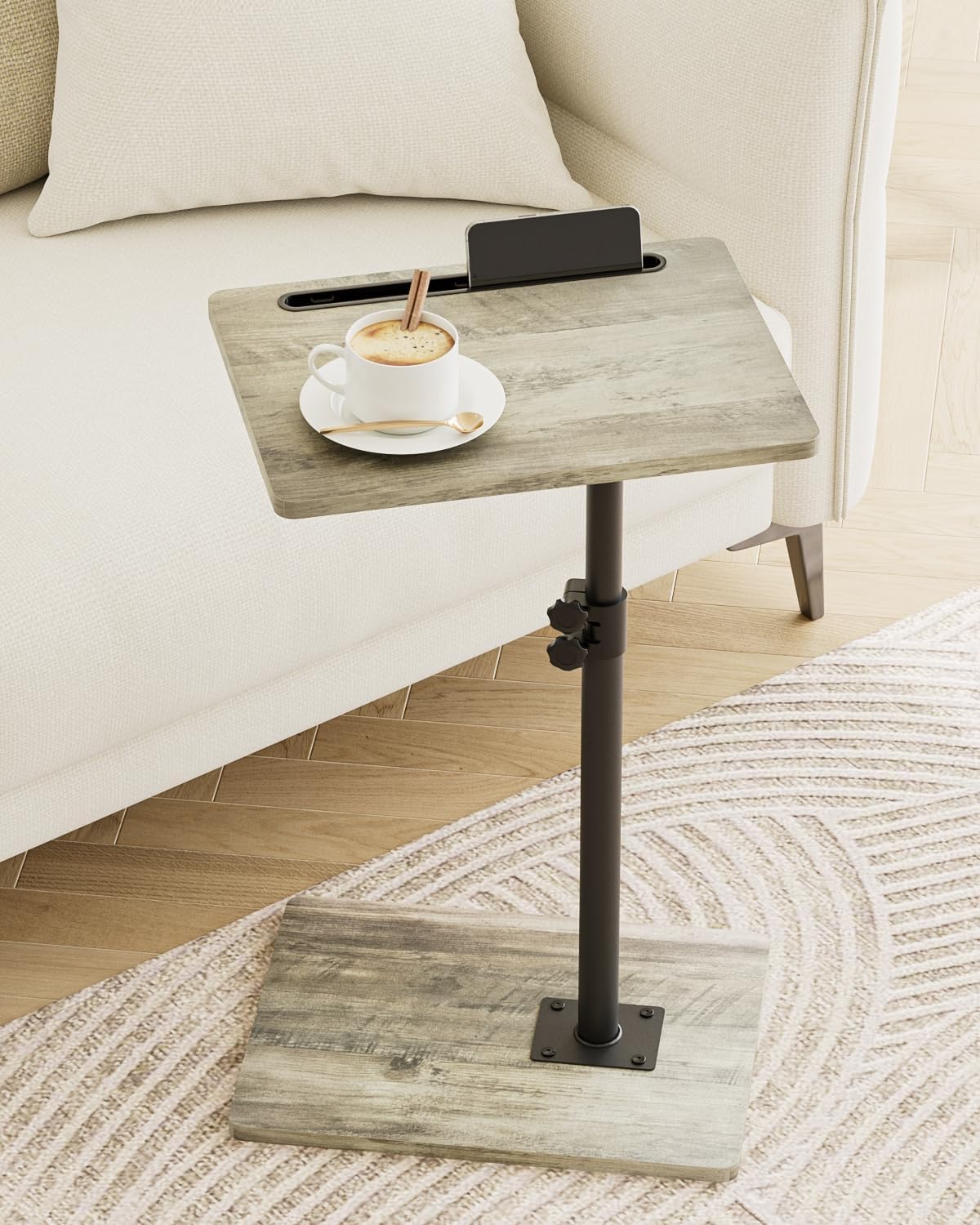 Sofa Arm Tray Table - 360° Swivel Height Adjustable End Table, Small Snack Side Table for Couch, C Shaped Table for Bed, Chair or TV Tray Table(Greige) by Masupu