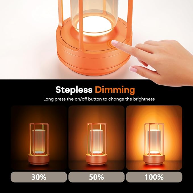 Rechargeable Cordless Small Metal Table Lamp, Stepless Dimming, 3-Color | Orange, 2600mAh Battery, Portable LED Desk Light, Cute, Suitable for Indoor/Outdoor/Restaurant/Bedroom/Bar/Coffee/Camping - Image 5
