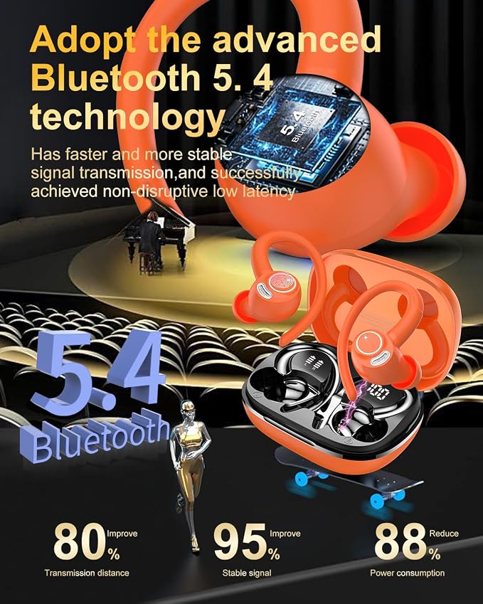 Wireless Earbuds, Bluetooth 5.4 Headphones Sport Over Ear Buds with ENC Mic | Noise Cancelling Mic,48H, Wireless Earphone With Earhooks, Stereo Deep Bass, IP7 Waterproof earbud for Workout Running,Orange - Image 3