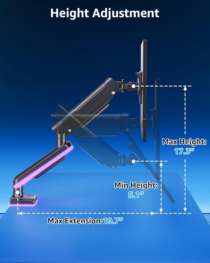 MOUNTUP RGB Single Monitor Arm Fits 32 27 24 22 inch, Holds 4.4-22lbs Screens, Monitor Stand for Desk with RGB Lights, 19 Modes, Computer Monitors Desk Mount, VESA Mount with Clamp & Grommet Bases - Image 9