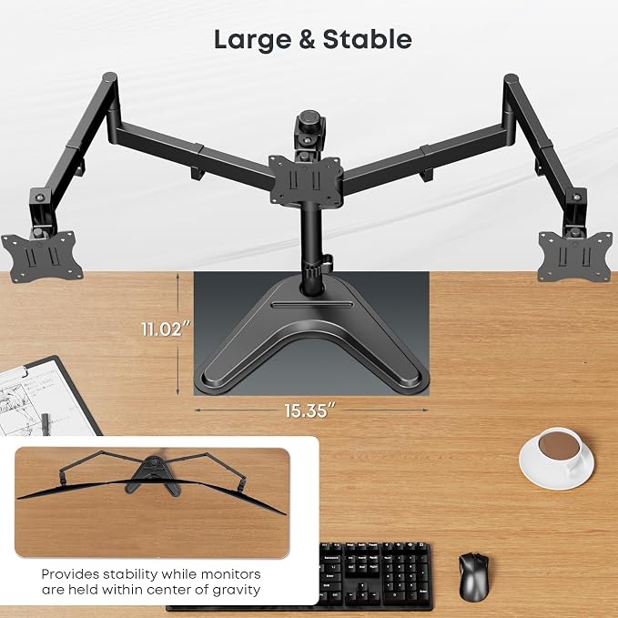 Triple Monitor Stand fits 3 Screens up to 27 Inches, Freestanding | Cable Management, Heavy Duty, Fully Adjustable, Weighted Base, 22 lbs Capacity per Arm, Black - Image 5
