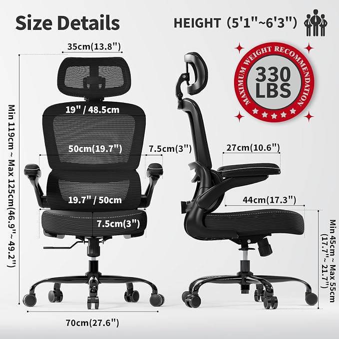 TRALT Ergonomic Office Chair Desk Chair with Adjustable Lumbar Support | Home Office Desk Chairs with Flip-up Armrests & 3D Headrest - Mesh Gaming Chair for Adults, 330lbs, PU Leather (Black, 6) - Image 3