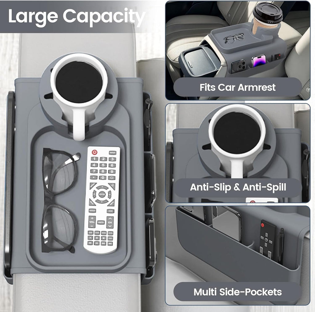 Couch Cup Holder Tray, Silicone Sofa Armrest organizer with Side Pockets for Storage Remotes, Cell-phone,Tablet or Snack, Anti-Spill and Anti-Slip Sofa Arm Tray for Recliner, Armchair Caddy (Gray) - Image 3
