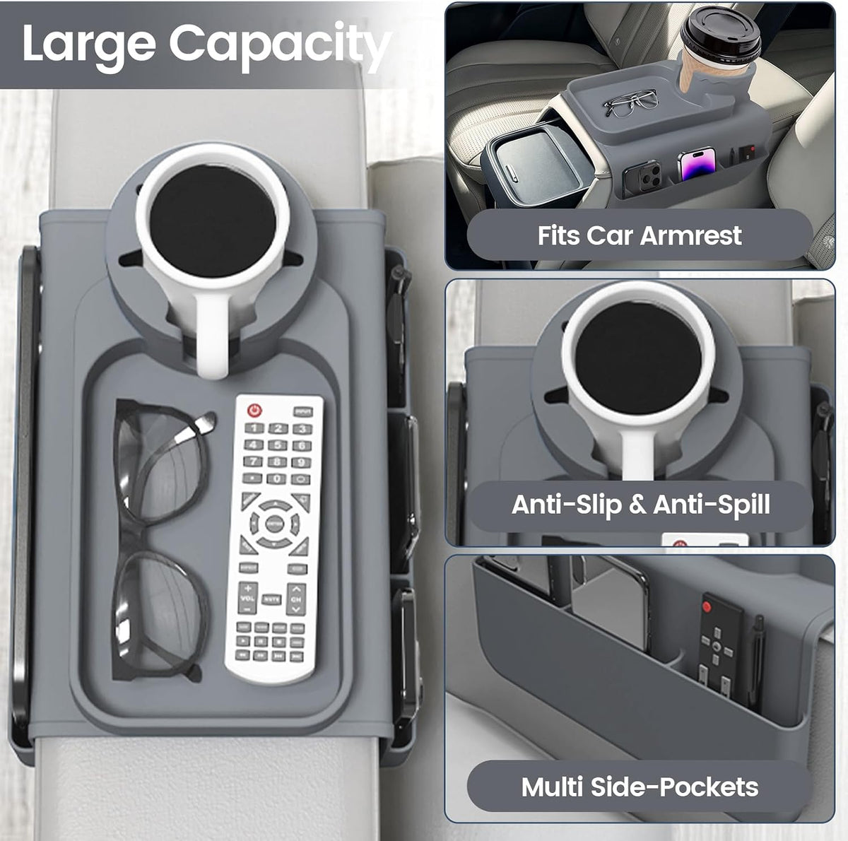 Couch Cup Holder Tray, Silicone Sofa Armrest organizer with Side Pockets for Storage Remotes, Cell-phone,Tablet or Snack, Anti-Spill and Anti-Slip Sofa Arm Tray for Recliner, Armchair Caddy (Gray) - Image 3