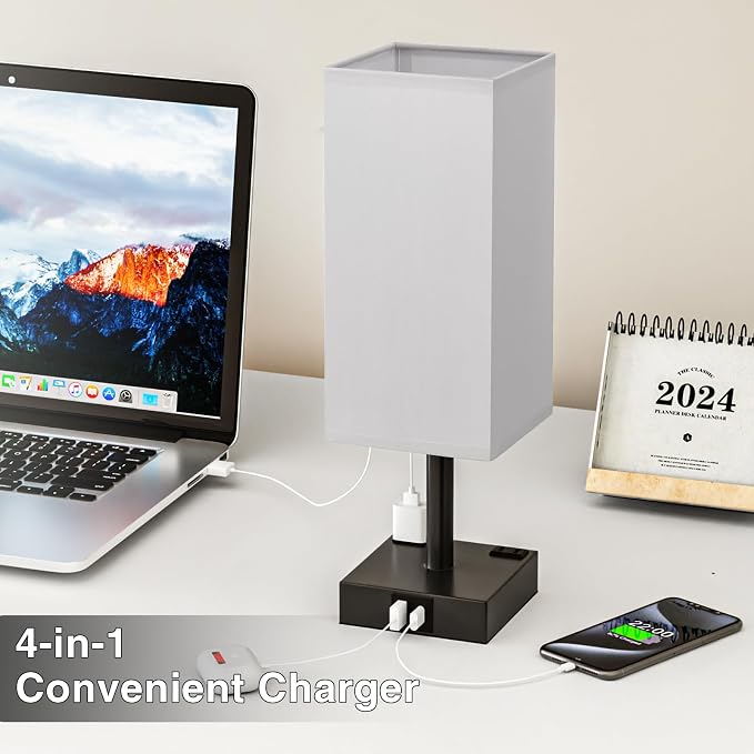 Grey Touch Table Lamp for Bedroom - Dimmable, USB C+A, 2 AC Outlets | 3-Way Dimming, 3000K Bulb Included, Square Grey Lampshade and Black Base, Desk Lamp for Nightstand, Living Room, Dorm - Image 3