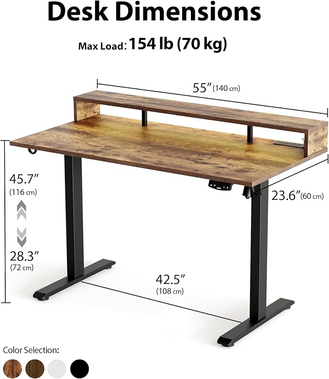 Agilestic 55*24 Inch Electric Standing Desk with Shelf & Led, Rustic Brown | Electric Height Adjustable, Outlets&Led, Monitor Stand, Sturdy Steel Frame, Memory Presets, Hooks, 154 lbs, Splice Board - Image 2