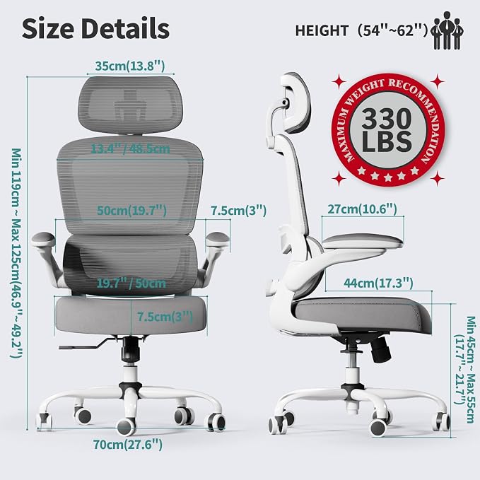 TRALT Office Chair Ergonomic Desk Chair - Gaming Chair with Lumbar Support (5, White) | 330 LBS Home Office Desk Chairs with Headrest, Reading Chair with Flip-up Armrests, Comfortable Computer Chairs (5, White) - Image 3
