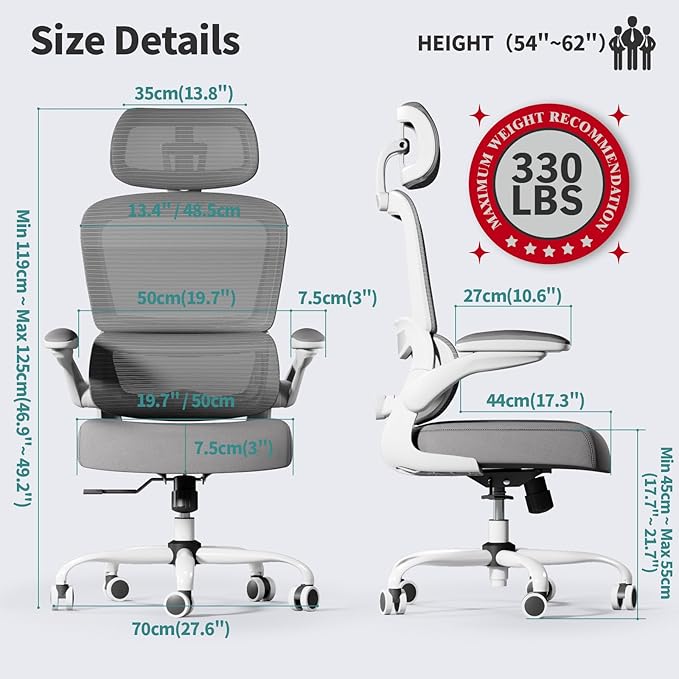 TRALT Office Chair Ergonomic Desk Chair - Gaming Chair with Lumbar Support (6, White) | 330 LBS Home Office Desk Chairs with Headrest, Reading Chair with Flip-up Armrests, Comfortable Computer Chairs (6, White) - Image 3
