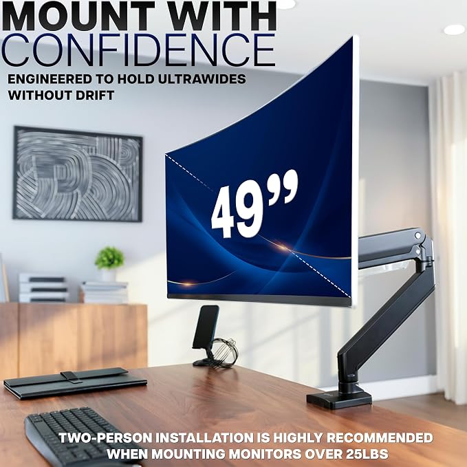 VIVO Premium Aluminum Heavy Duty Monitor Arm with 3.0 USB Ports, Fits Ultrawide Monitors up to 49 inches and 33 lbs, Single Desk Mount Stand, Pneumatic Height, Max VESA 100x100, Black, STAND-V101G1U - Image 3