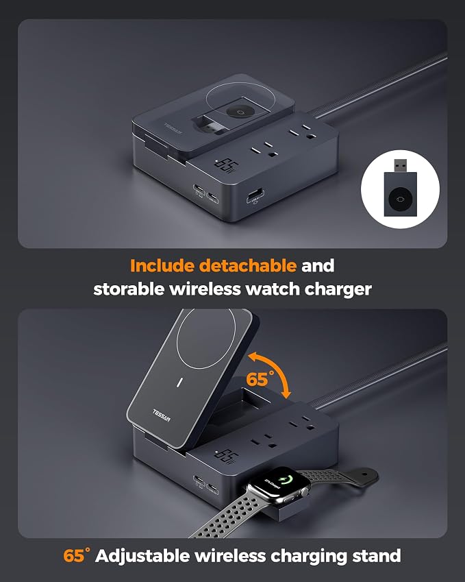 TESSAN 65W Charging Station USB Phone Charger with Wireless Charging | 2 USB C/1 USB A and 2 AC Outlet,for iPhone 17/16/15 Charging Stand, for Apple Watch Charging, Flat Plug, 5ft Cord, Black - Image 3