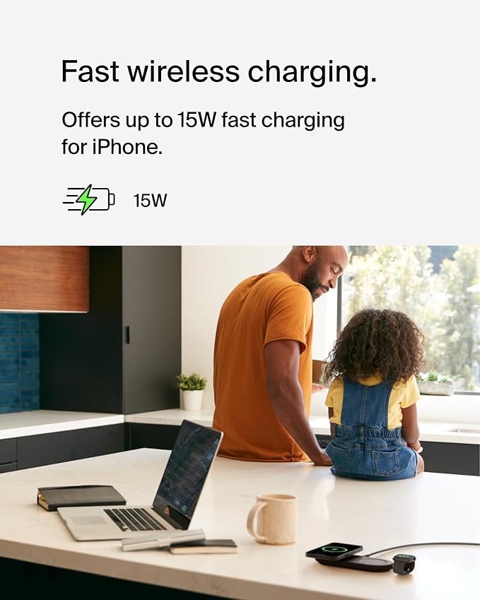 Belkin Qi2 15W Magnetic Wireless Charging Pad, 3 in 1 Fast Charger | MagSafe compatible, iPhone 17/16/15, AirPods, Apple Watch compatible, multi-device charging station, Magnetic - Image 2