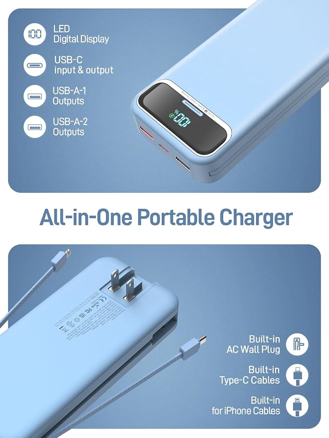 Nusyddy Portable Charger 20000mAh Fast Charging w/Built-in Wall Plug Blue | 22.5W Fast Charging, High Capacity, LED Display, Charge 5 Devices at once, TSA Approved, Compatible with iPhone/Samsung - Image 3