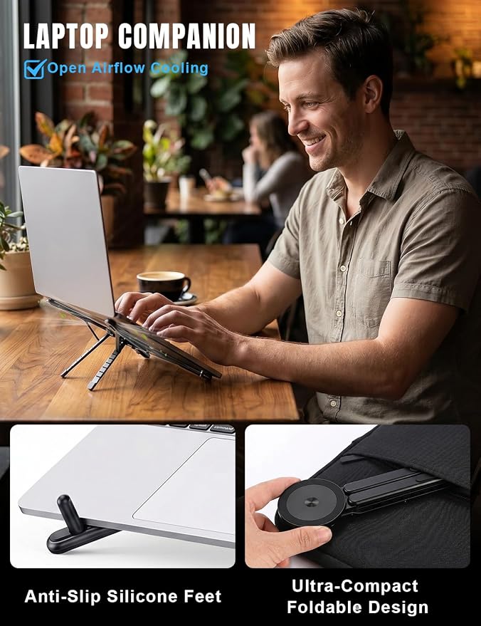 Magnetic Phone Stand & Foldable Laptop Riser, Matte Black Multi-Device Aluminum Desk Mount, N52 MagSafe Tripod Grip for Travel Office, Ergonomic Elevator for MacBook, iPad & iPhone - Image 6