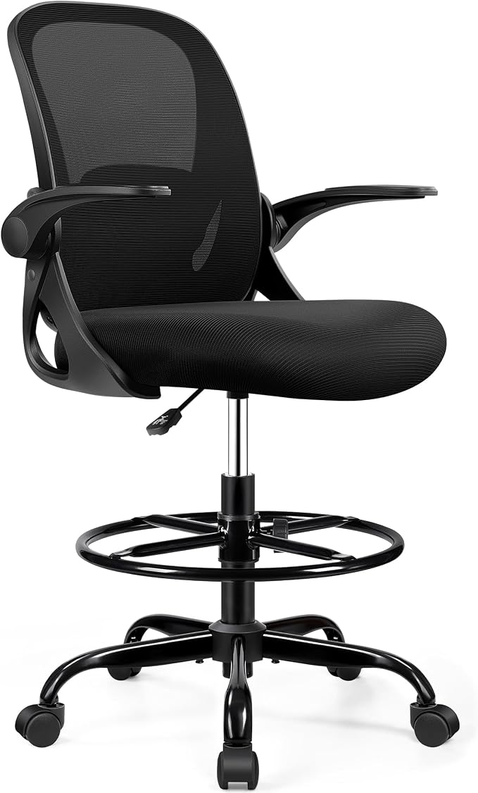 Drafting Chair Tall Office Chair with Flip-up Armrests, Adjustable Height, and Enhanced Lumbar Support - Ergonomic Rolling Stool, Back Support, and Adjustable Foot Rest Ring for Standing Desk Black - Image 8